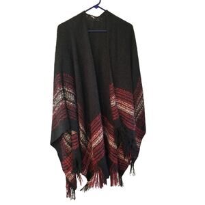 Womens One Size Plaid Red Black Fringed Open Front Poncho Wrap Cape